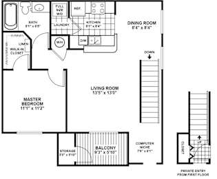 A floor plan of a house with a living room, dining room, kitchen, and bathroom.