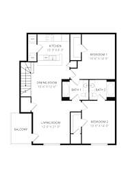 A floor plan of a house with a living room, dining room, kitchen, two bedrooms, and two bathrooms.