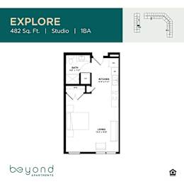 A floor plan for an apartment at 482 Sq. Ft. including a studio and 1BA.