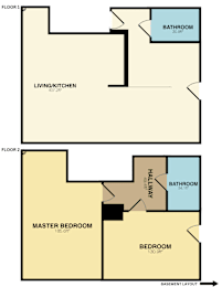 A diagram of a two-story house layout with labeled rooms and dimensions.