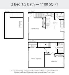 A floor plan for a 2 bedroom, 1.5 bath home that is 1100 square feet.