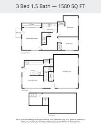 A floor plan for a 3 Bed 1.5 Bath - 1580 SQ FT.