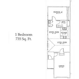 A floor plan of a 1 Bedroom 735 Sq. Ft. apartment.