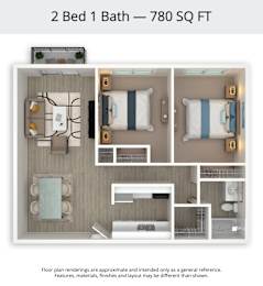 A 2 Bed 1 Bath apartment is 780 square feet.