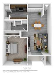 A floor plan of a small apartment with a kitchen, living room, and bedroom.