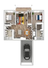 A top down view of a house with a car in the garage.