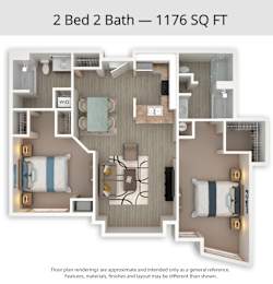 A floor plan of a 2 Bed 2 Bath apartment is 1176 square feet.