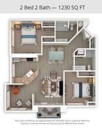 A 2 Bed 2 Bath apartment is 1230 square feet.