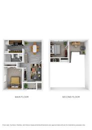 A floor plan of a two-story home with a main floor and a second floor.