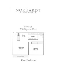 A drawing of a one bedroom apartment with a living room, dining area and kitchen.