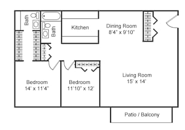 A floor plan of a small apartment with a living room, two bedrooms, a kitchen, a dining room, and two bathrooms.
