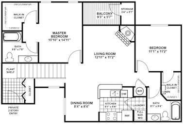 A black and white floor plan of a house with a master bedroom, living room, dining room, and a balcony.