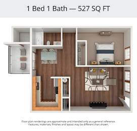 A 1 Bed 1 Bath apartment is 527 square feet.