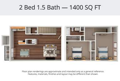 A floor plan for a 2 Bed 1.5 Bath apartment is 1400 square feet.
