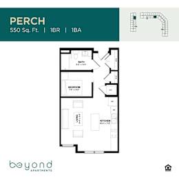 A floor plan for a perch apartment at Beyond Apartments shows a layout with a bathroom, bedroom, living room, and kitchen.