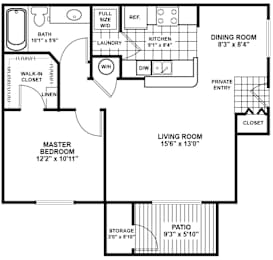 A floor plan of a house with a living room, dining room, kitchen, and bathroom.
