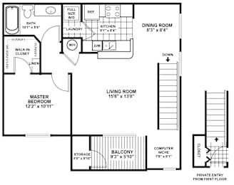 A floor plan of a home with a living room, dining room, kitchen, and master bedroom.