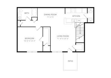 A floor plan of a house with a living room, dining room, kitchen, bedroom, and bathroom.