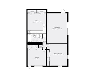 A floor plan of a house with a kitchen, living room, bathroom, and two bedrooms.