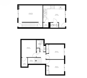 A floor plan of a house with two bedrooms, a living room, a kitchen, and a bathroom.