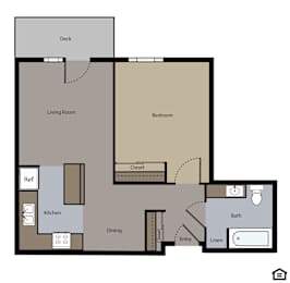 A floor plan of a house with a deck, living room, bedroom, kitchen, dining area, bathroom, closet, and entry.