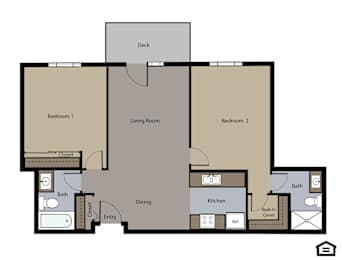 A floor plan of a house with two bedrooms, a living room, a kitchen, a dining area, a bathroom, a closet, and a deck.