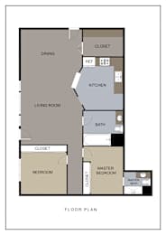 A floor plan of a house with a living room, dining area, kitchen, two bedrooms, and two bathrooms.