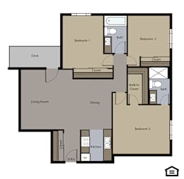 A floor plan of a house with three bedrooms, a living room, a dining area, a kitchen, a deck, and an entry.