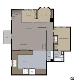 A floor plan of a house with a living room, dining room, kitchen, two bedrooms, a master bedroom with a bath, a closet, and a patio.