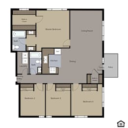 A floor plan of a house showing a living room, kitchen, dining area, and four bedrooms.