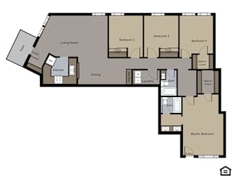 A floor plan of a house with a living room, kitchen, dining room, and four bedrooms.