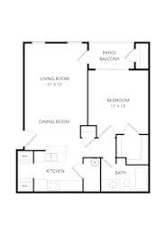 A floor plan of a small apartment with a living room, dining room, kitchen, bathroom, and bedroom.
