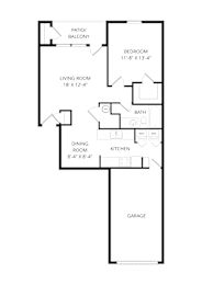 A floor plan of a house with a living room, dining room, kitchen, bedroom, bathroom and garage.