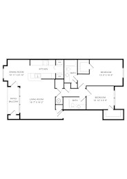 A floor plan of a house with a kitchen, living room, dining room, and three bedrooms.
