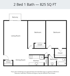 A floor plan of a 2 Bed 1 Bath apartment sized at 825 square feet.