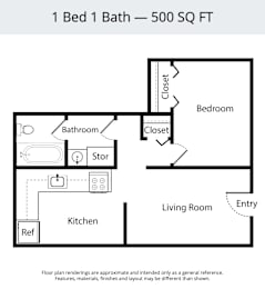 A floor plan for a 500 square foot space with one bed and one bath.