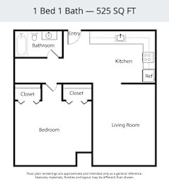 A floor plan of a 525 square foot one bedroom apartment.
