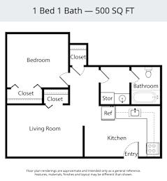A floor plan of a 500 square foot one bedroom apartment.