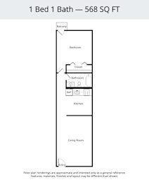 A floor plan for a 1 Bed 1 Bath apartment is 568 square feet.