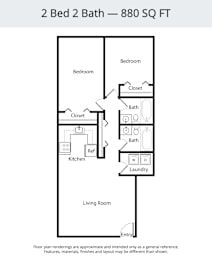 A floor plan of a 2 Bed 2 Bath apartment is 880 square feet.