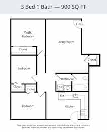 A floor plan of a 3 Bed 1 Bath - 900 SQ FT.
