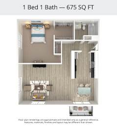 A floor plan of a 1 Bed 1 Bath apartment is 675 square feet.