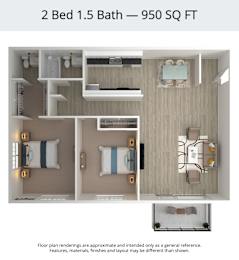 A floor plan image of a 2 bedroom, 1.5 bathroom apartment that is 950 square feet.