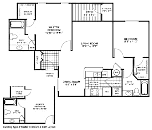 A drawing of a building type 2 master bedroom and bath layout.