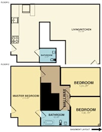 A floor plan of a two-story home with a living/kitchen area, two bedrooms, and a master bedroom.