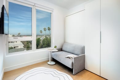 a living room with a couch murphy bed  and a window