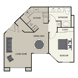 A floor plan of a 1 bedroom 1 bath apartment  showing a kitchen, living room, dining area, bedroom, bathroom, and closet.