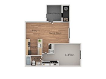 A floor plan of a house with a living room, dining room, kitchen, bathroom, bedroom and a balcony.