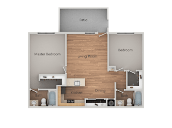 A floor plan of a house with a living room, dining room, kitchen, two bathrooms, a master bedroom, and a bedroom.
