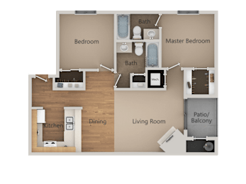 A floor plan of a home with a master bedroom, two bathrooms, a living room, a dining area, a kitchen, and a patio/balcony.